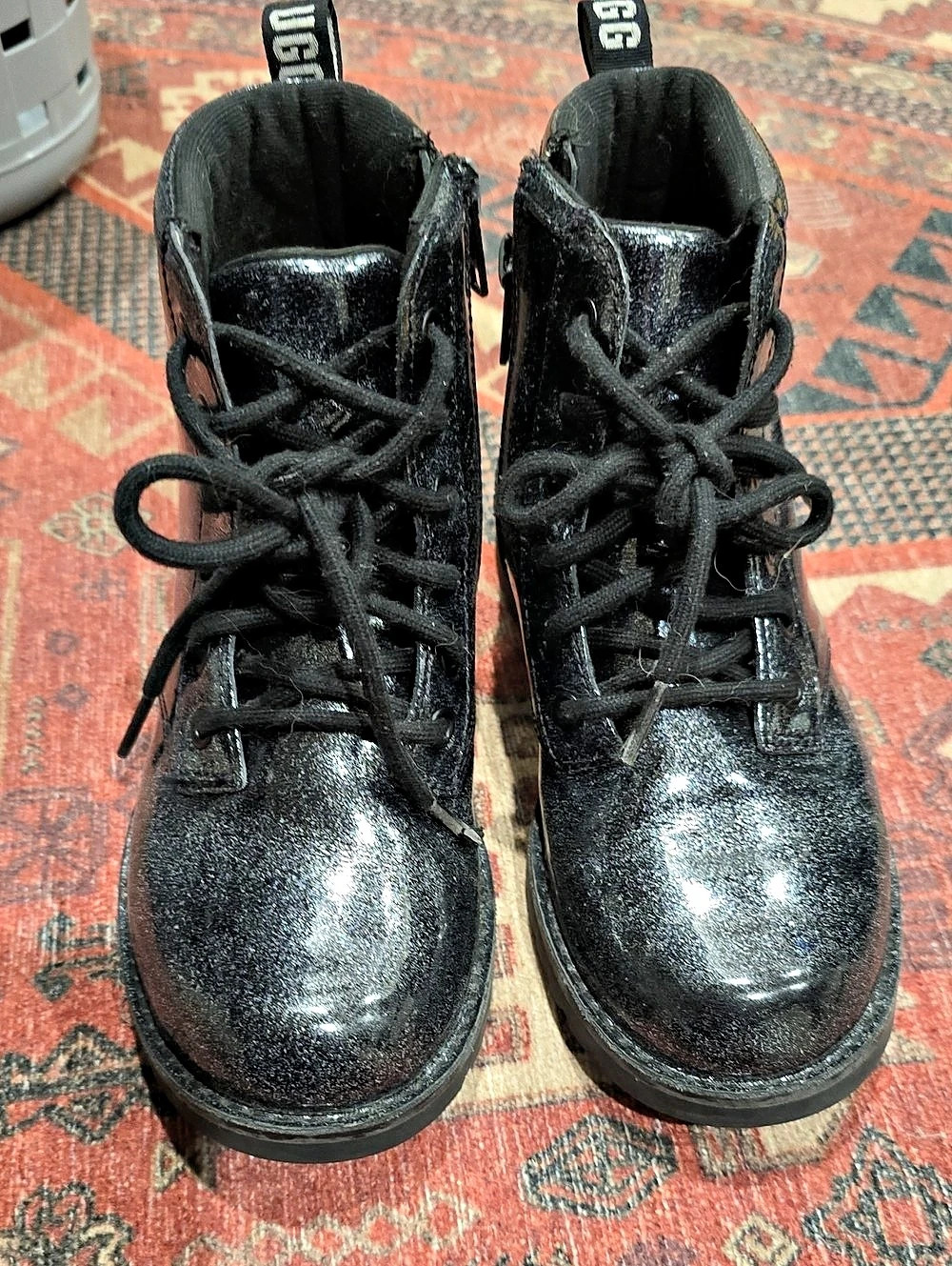 UGG Ashton Lace Up Glitter Black Leather Combat Boots US 3